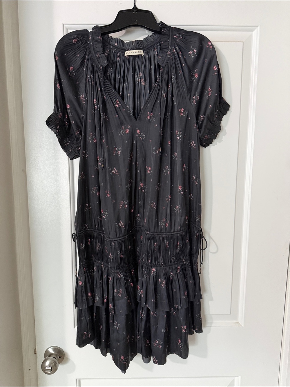 🖤 ULLA JOHNSON 🩷 Black Mini Dress with Pink Floral Print Sz 6